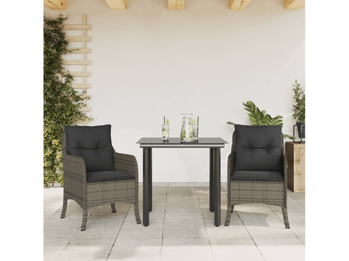 Vidaxl 3 Pcs Conjunto De Jantar P/ Jardim C/ Almofadões Vime Pe Cinza