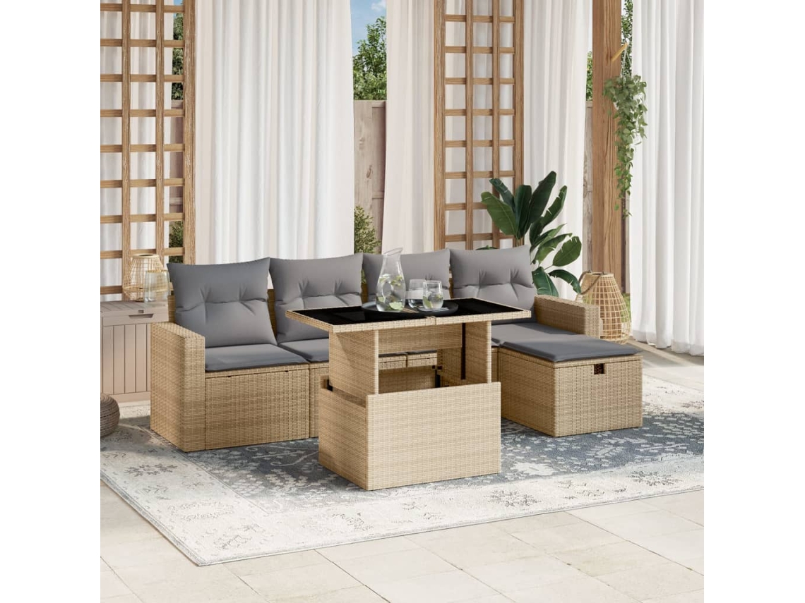 Vidaxl 6 Pcs Conjunto De Sofás P/ Jardim Com Almofadões Vime Pe Bege