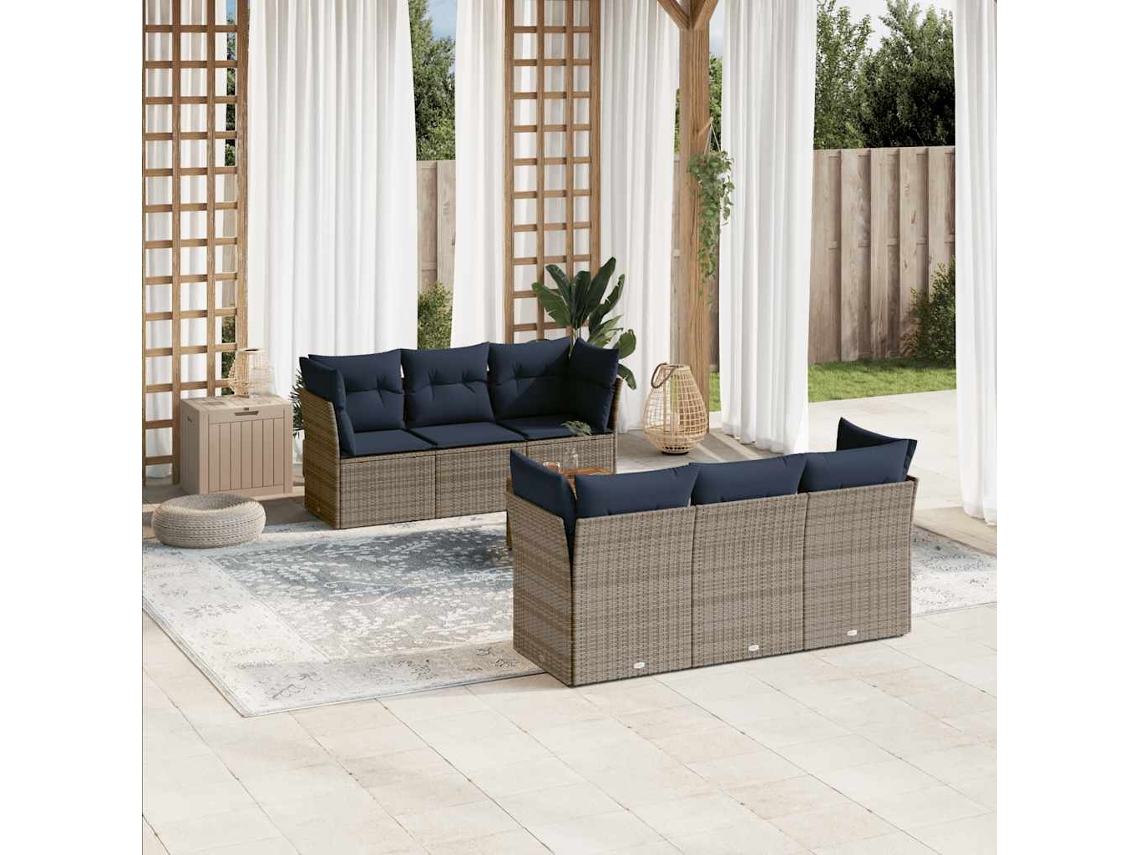 Vidaxl 7 Pcs Conjunto Sofás P/ Jardim C/ Almofadões Vime Pe Cinzento