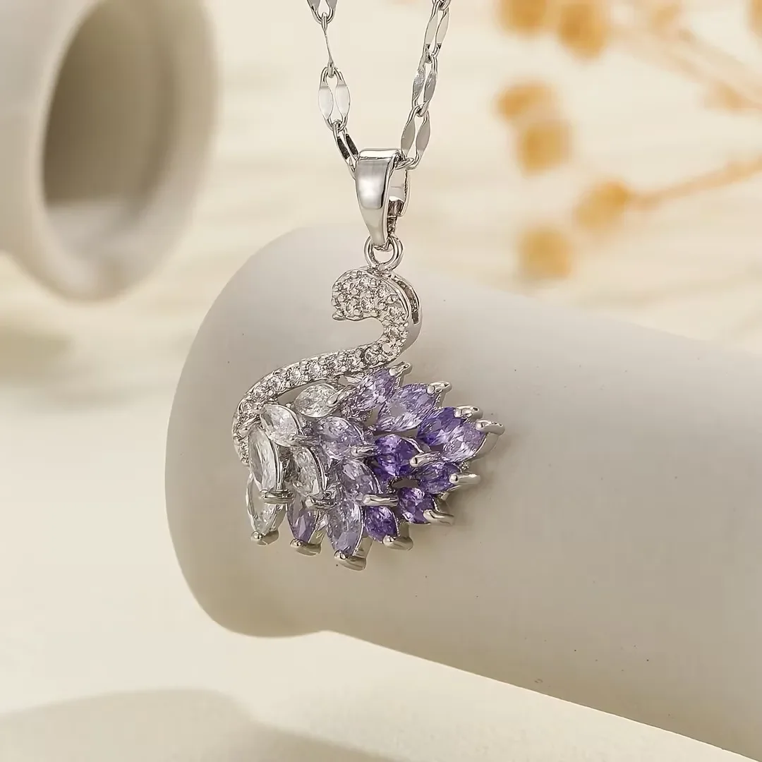 Colar Com Pingente De Cisne Em Zircônia (prateado E Roxo), Em Latão, Um Presente Romântico Perfeito Para As Festas De Fim De Ano.