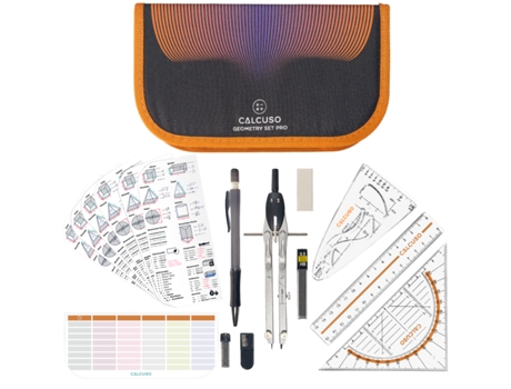 Conjunto De Geometria Calcuso Pro Com Compasso E Esquadro Em Estojo Laranja Ideal Para Escola, Universidade E Escritório