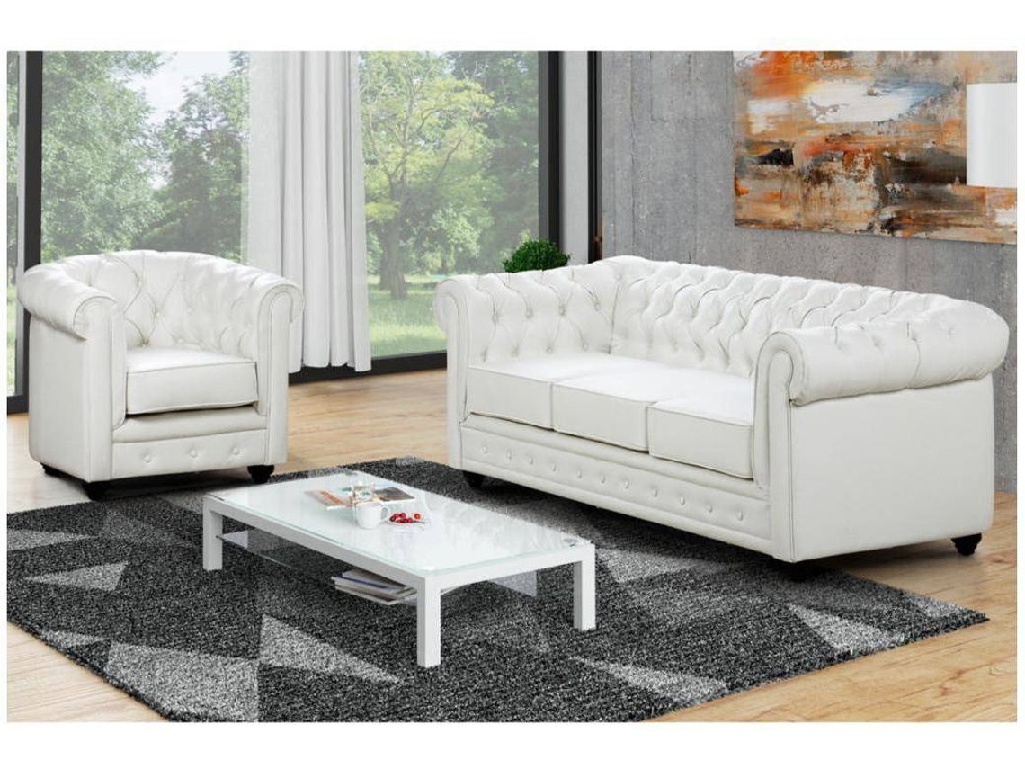 Conjunto Sofá e Poltrona Fixo Chesterfield VENTE-UNIQUE.PT (Branco - Pele sintética - 205x88x72 cm)