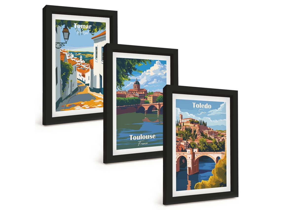 Composição De Quadros Gráficos De Cidades Retrô Espelharte (3 Peças 20x30 Cm)