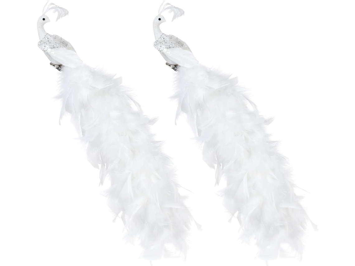 Conjunto de 2 enfeites em formato de pavão branco - 44 cm, com plumas e glitter para casa e árvore.