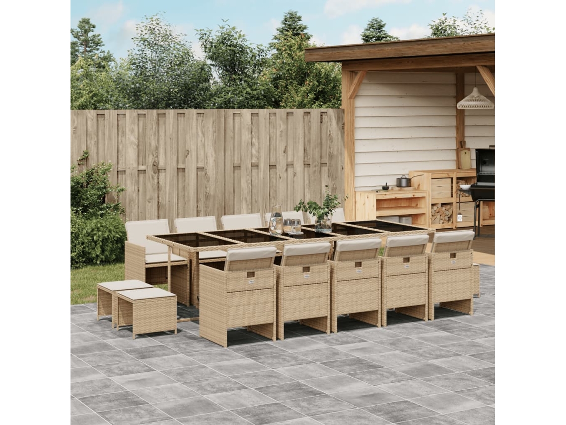 Vidaxl 15 Pcs Conjunto De Jantar P/ Jardim Com Almofadões Vime Pe Bege