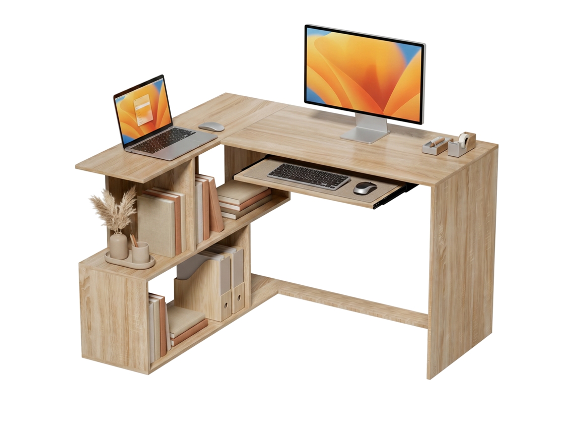 Secretária De Canto 120 X 100 X 76 Cm Em Forma L Com Tampo Para Teclado E Quatro Espaços De Arrumação Abertos Cor Natural