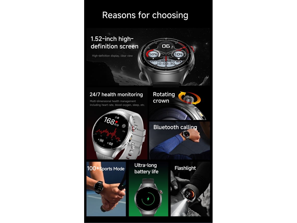 Smartwatch Ikikso Bateria 1000 Mah Lanterna Led Ecrã 1,52 Polegadas Chamadas Bluetooth Preto