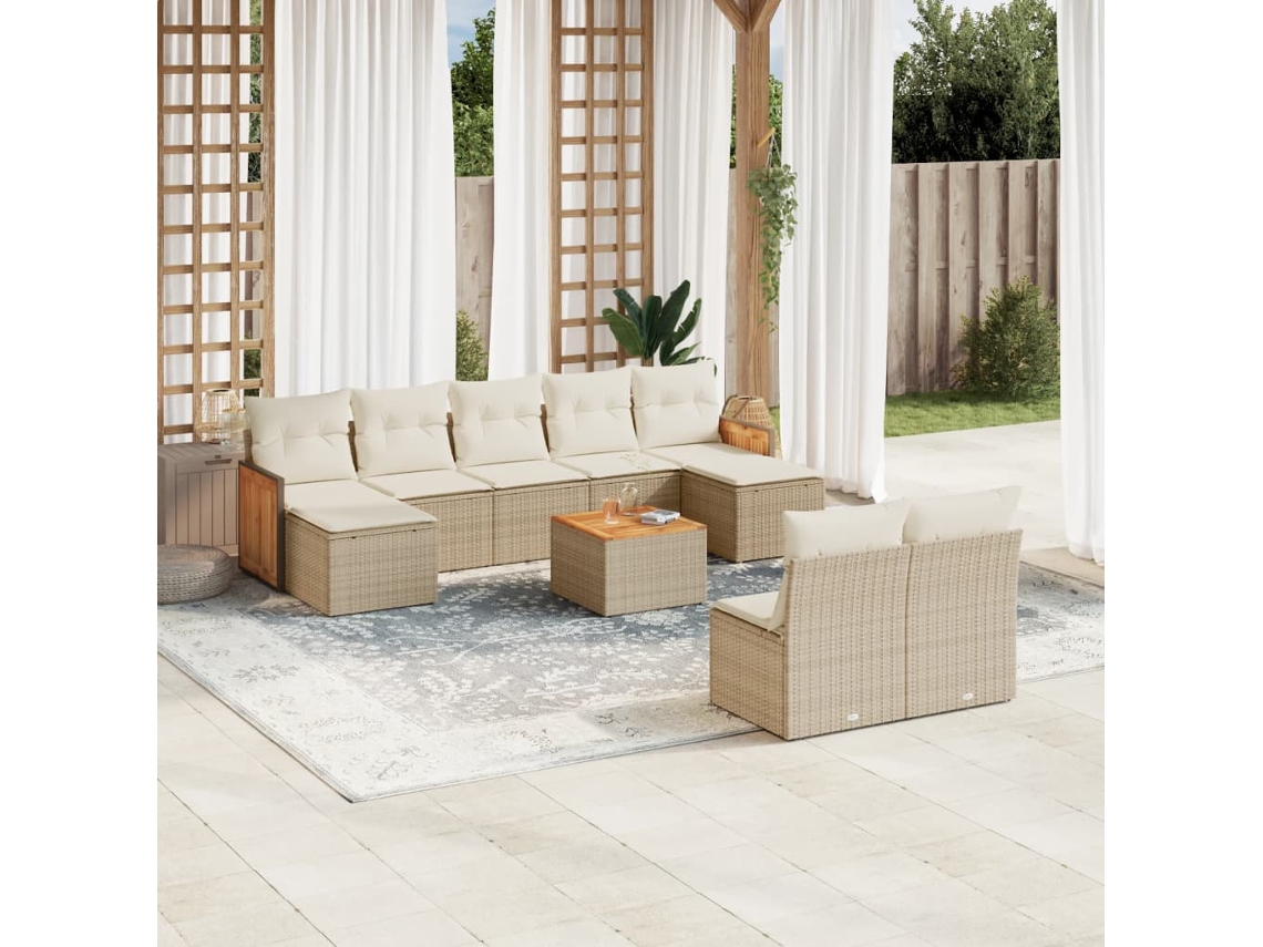Vidaxl 10 Pcs Conjunto De Sofás P/ Jardim Com Almofadões Vime Pe Bege