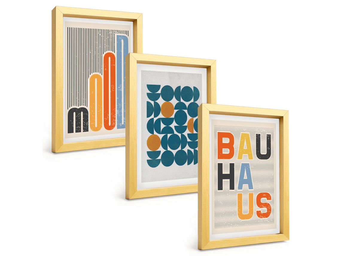 Conjunto De Pinturaspadrões Geométricos, Bauhaus Moldura Dourada Quadros Para A Sala De Estar Espelharte (3 Peças 20x30 Cm)