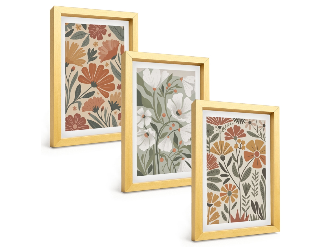 Composição De Quadros Padrões Florais Laranja E Verde Espelharte (3 Peças 20x30 Cm)