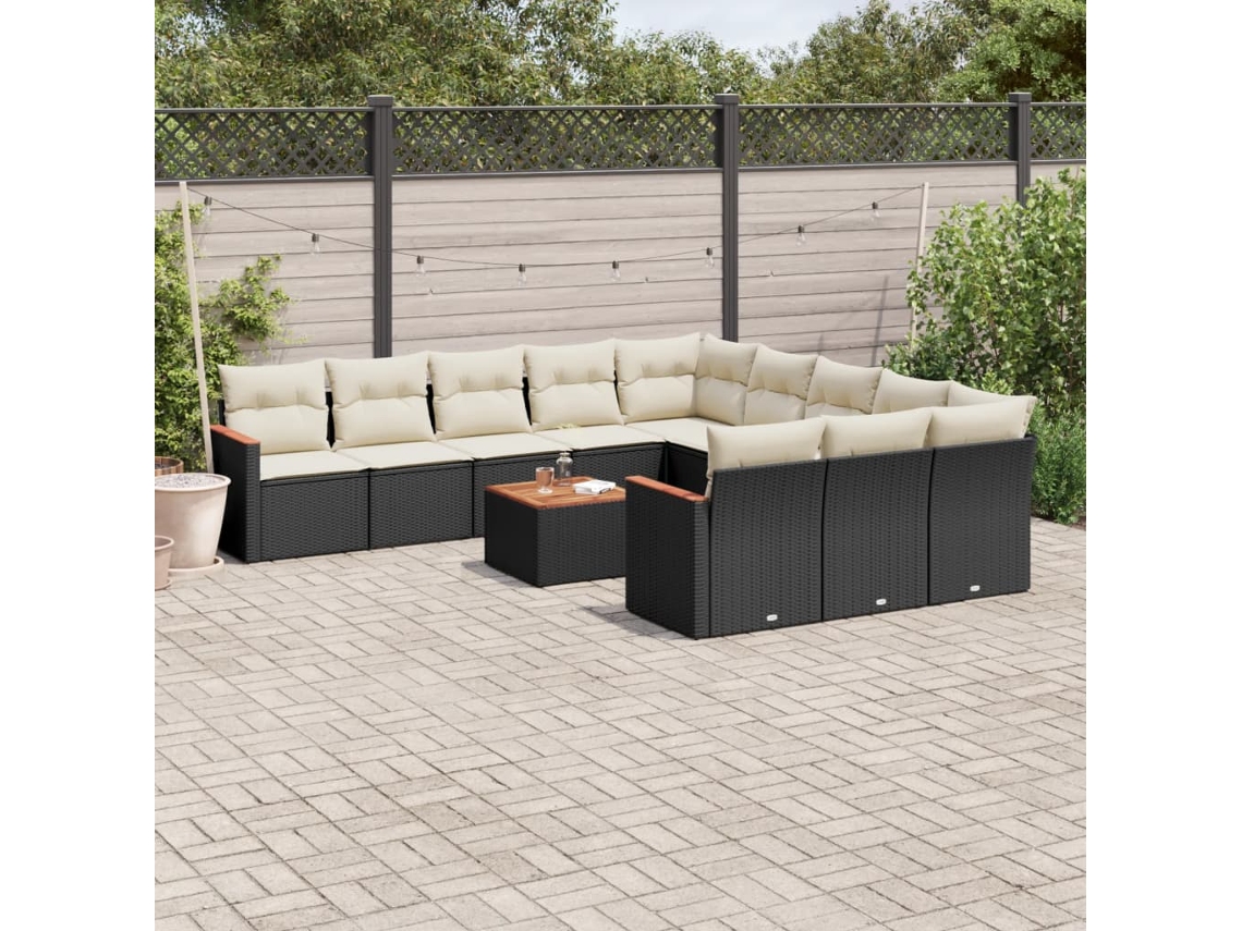 Conjunto de Sofá de Jardim 12 Peças C/ Almofadões Vime Pe Preto Dkd Home Decor