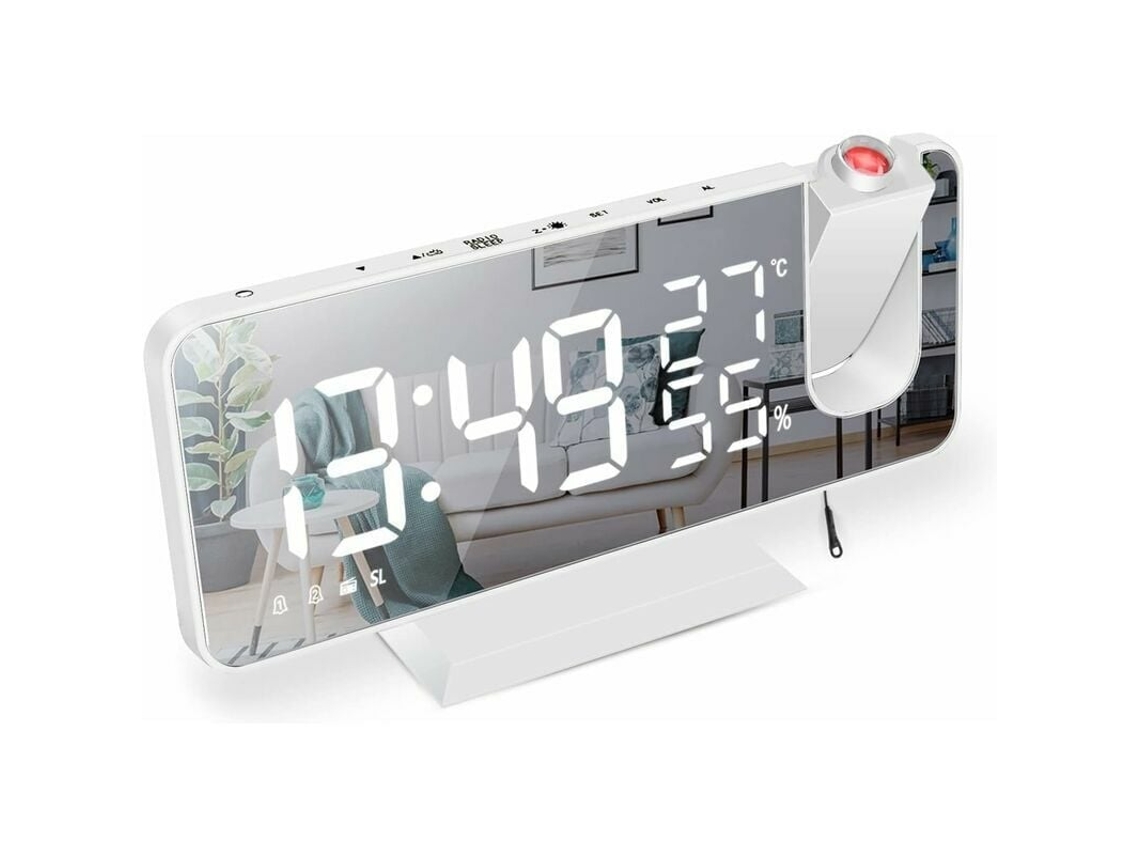 Despertador com Projetor, Rádio relógio com Temperatura e Umidade, Tela Espelhada de Led 7, 5 Polegadas, Função Soneca para Dois Alarmes BRILVIBERA