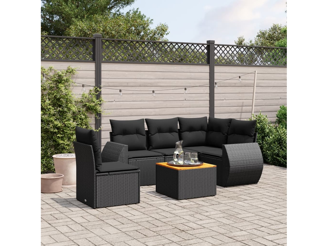 Vidaxl 6 Pcs Conjunto Sofás De Jardim C/ Almofadões Vime Pe Preto