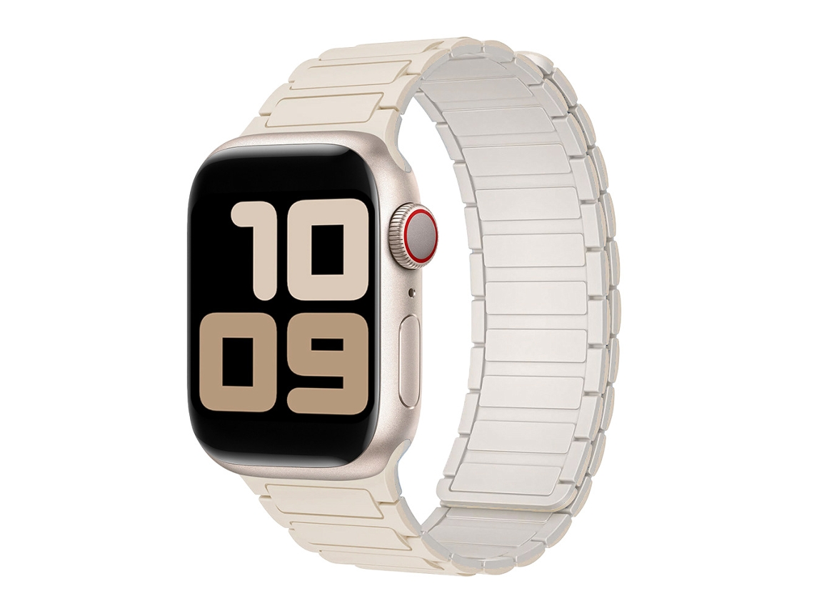 Pulseira magnética de silicone para Apple Watch com design de três espaços, compatível com os tamanhos 44, 45, 46 e 49 mm, branca.