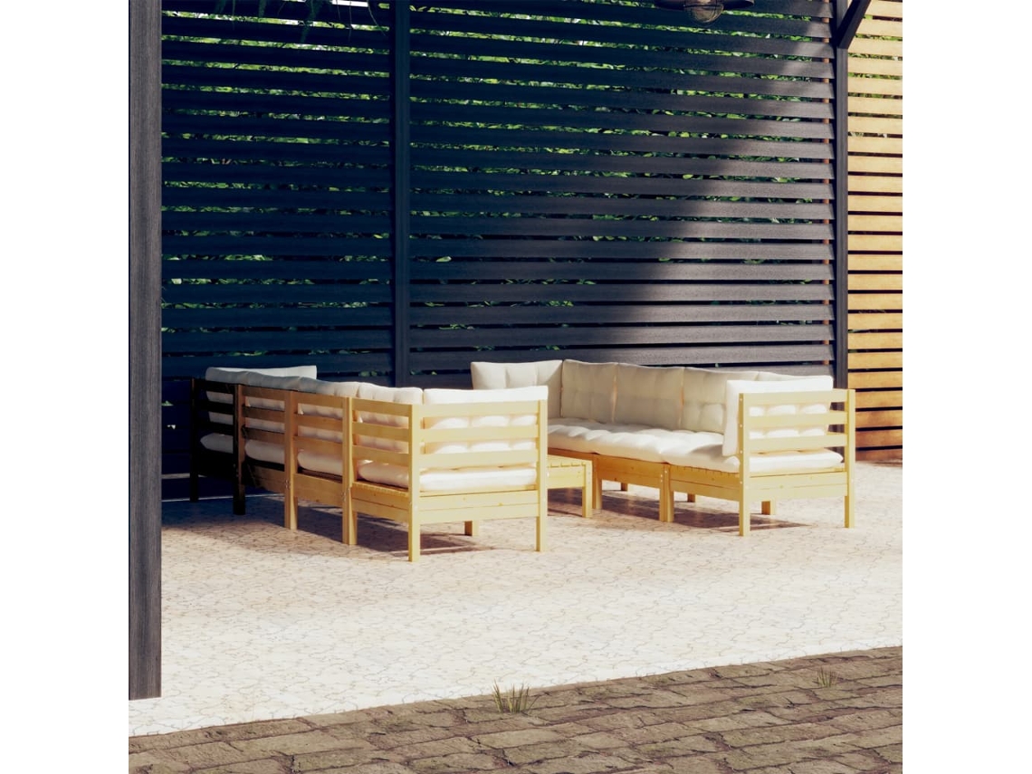Vidaxl 9 Pcs Conjunto Lounge Jardim C/ Almofadões Creme Pinho Maciço