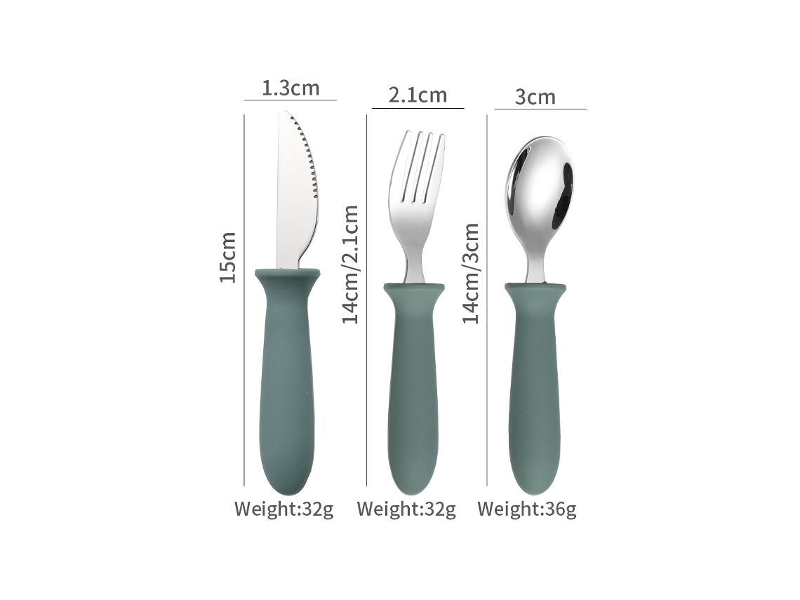 Stainless Steel Children's Silicone Handle Baby Tablewareconjunto De Três Peças Em Aço Inoxidável 304 verde Oliva