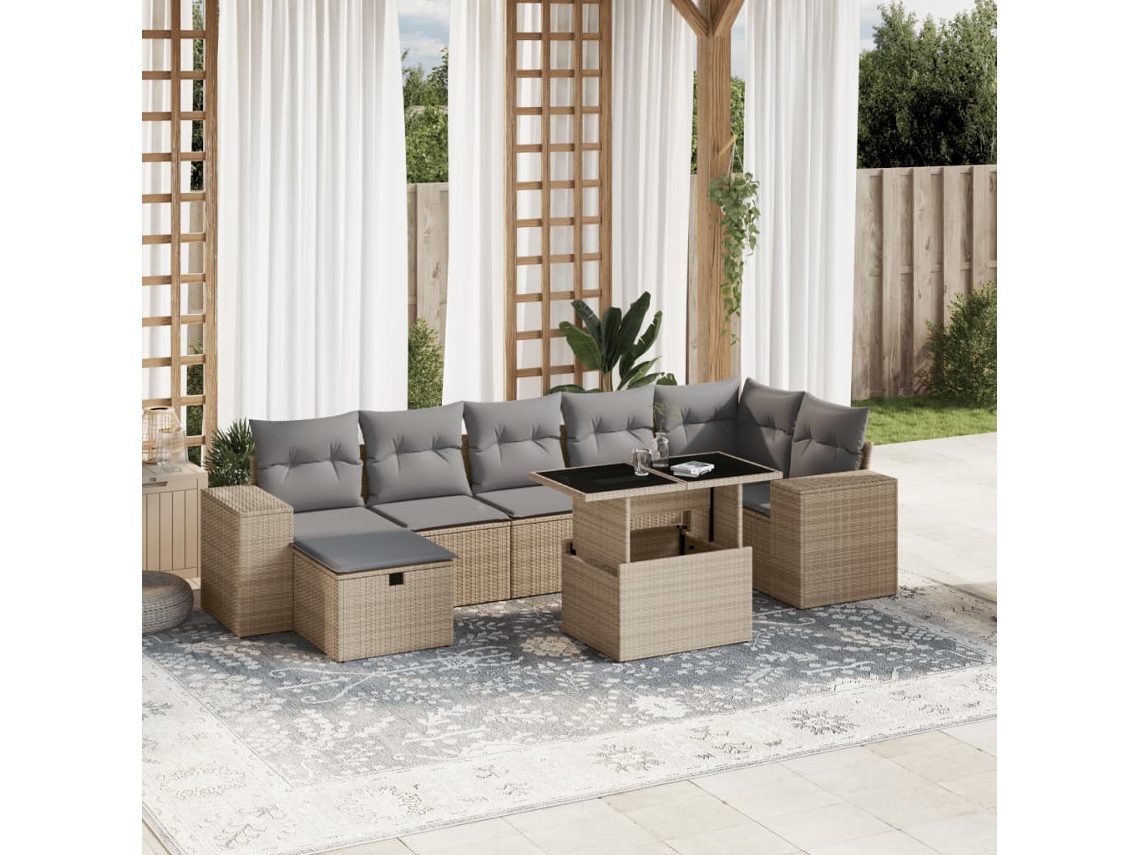 Vidaxl 8 Pcs Conjunto De Sofás P/ Jardim Com Almofadões Vime Pe Bege