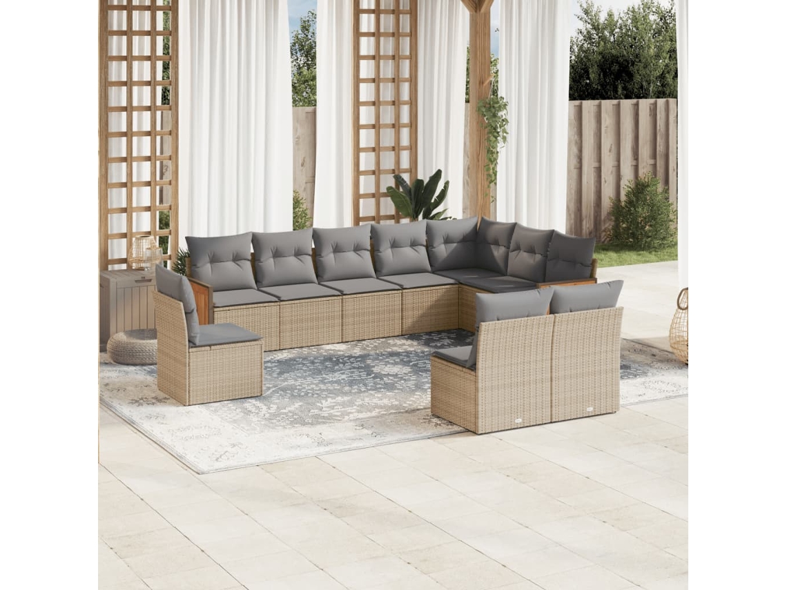 Vidaxl 10 Pcs Conjunto De Sofás P/ Jardim Com Almofadões Vime Pe Bege