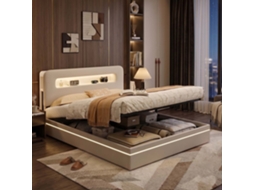 Lazyspace Cama De Casal Estofada Em Veludo 160x200 Cm Com Iluminação Led Arrumação Hidráulica E Nicho Integrado - Bege