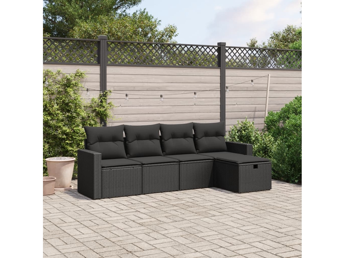 Conjunto de sofá de jardim de 5 peças com almofadas Vime Pe Black Lovely Home