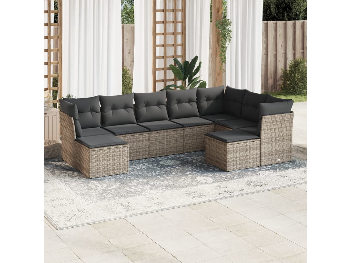 Vidaxl 9 Pcs Conjunto Sofás P/ Jardim Com Almofadões Vime Pe Cinzento