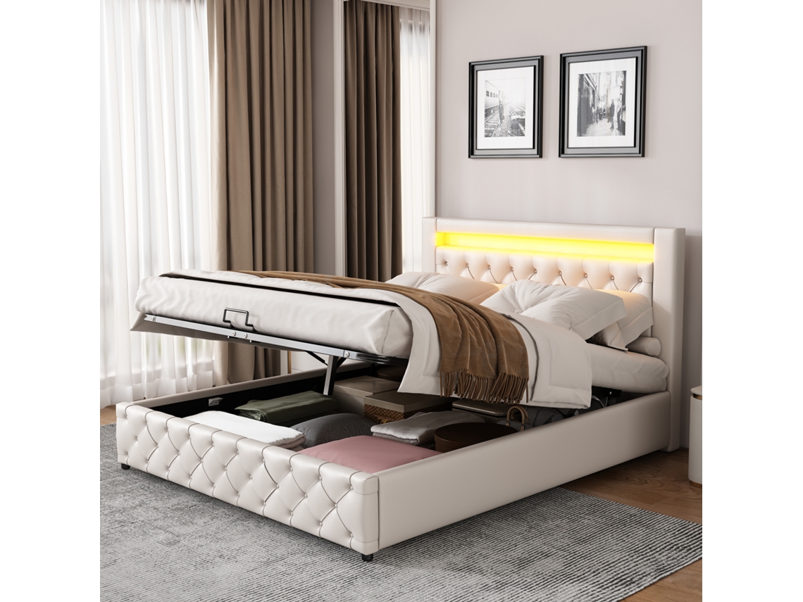 Cama Box 160x200 Cm Com Ripas, Gavetão, Led E Baú Em Couro Pu Branco.