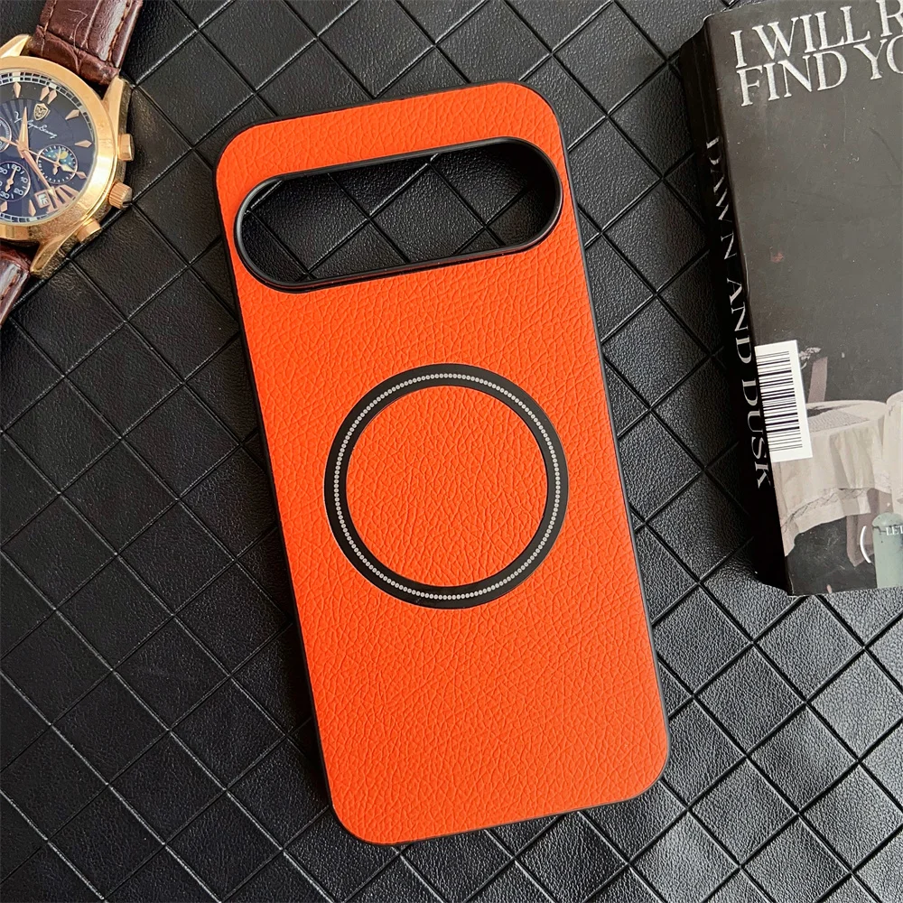 (laranja, Google Pixel 7 Pro) Capa De Couro Com Textura litchi, Resistente A Impactos, Carregamento Sem Fio Magnético