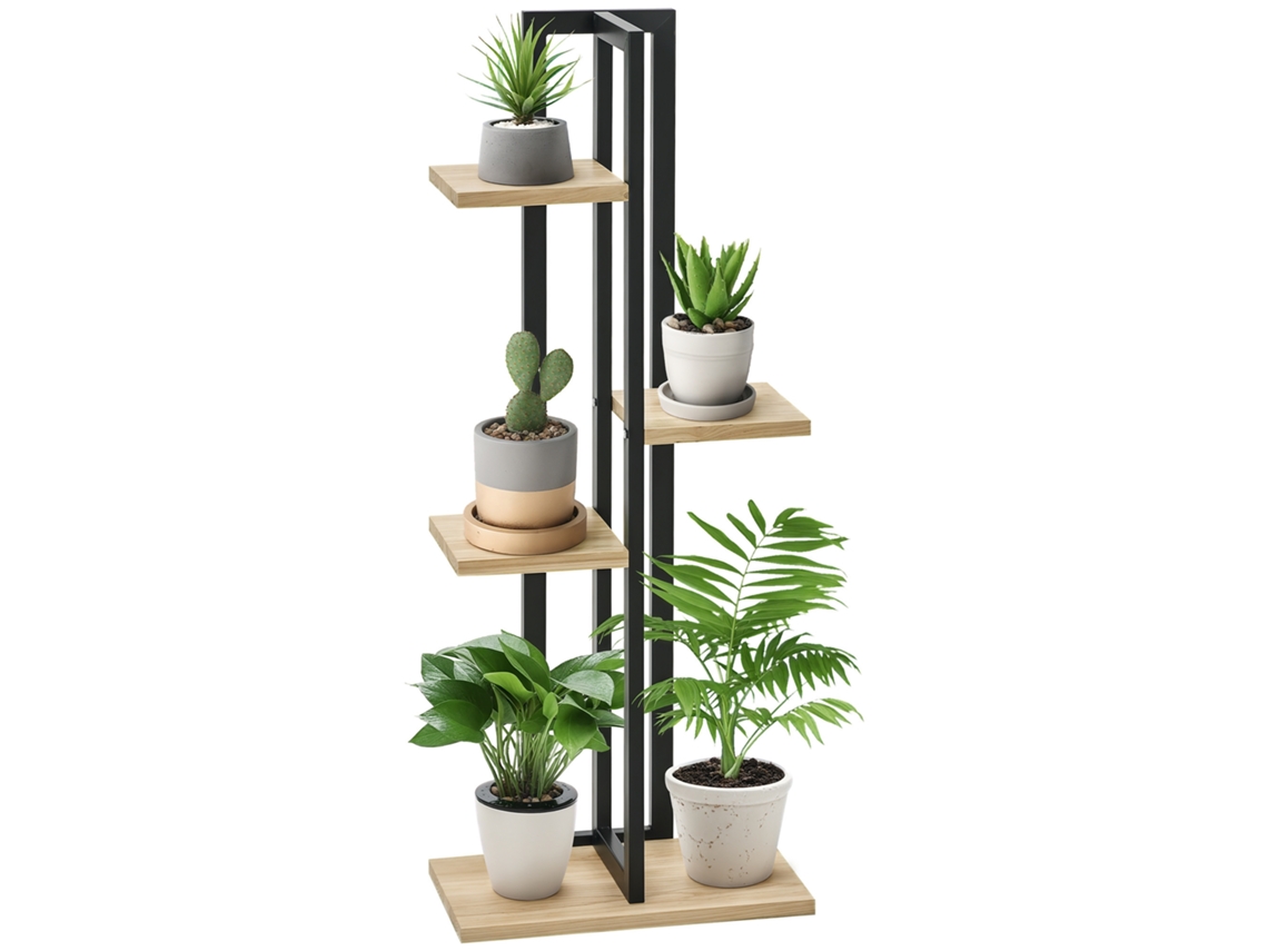Suporte Para Plantas Em Madeira Estilo Industrial Com 4 Níveis De Alturas Variadas, Medindo 45 X 25 X 110 Cm.