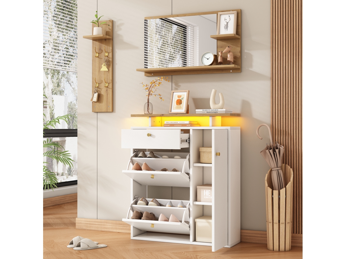 Conjunto Cabides Corredor 3peças, Natural+branco, 105x25x151,5cm, Espelho+prateleira+sapatos, Led+4ganchos-la