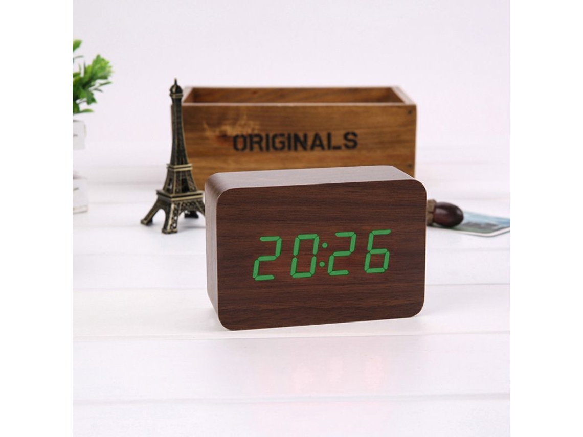2026-relógio Despertador Digital Led Com Carregamento Usb, Temperatura, 3 Alarmes, 2 Modos, Ajuste De Brilho (madeira Marrom Luz Verde)