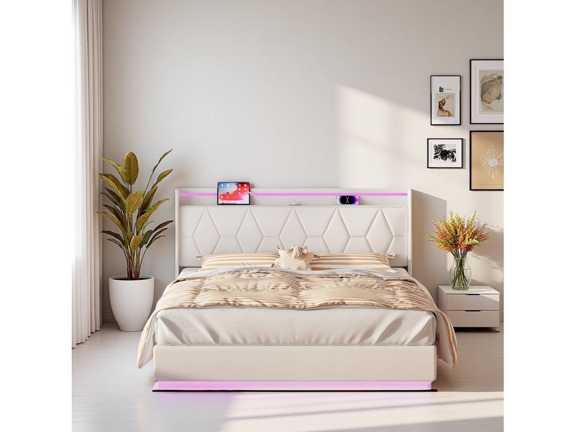 Cama de Casal Branca 160x200 Cm em Veludo, Cabeceira Estofada, Led, Usb, Faixas de Luz, SIMURQ