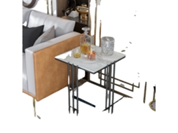 Mesa Lateral De Sofá, Design De 2 Andares, Topo De Mármore, Estrutura De Metal Preto,preto E Branco Oem