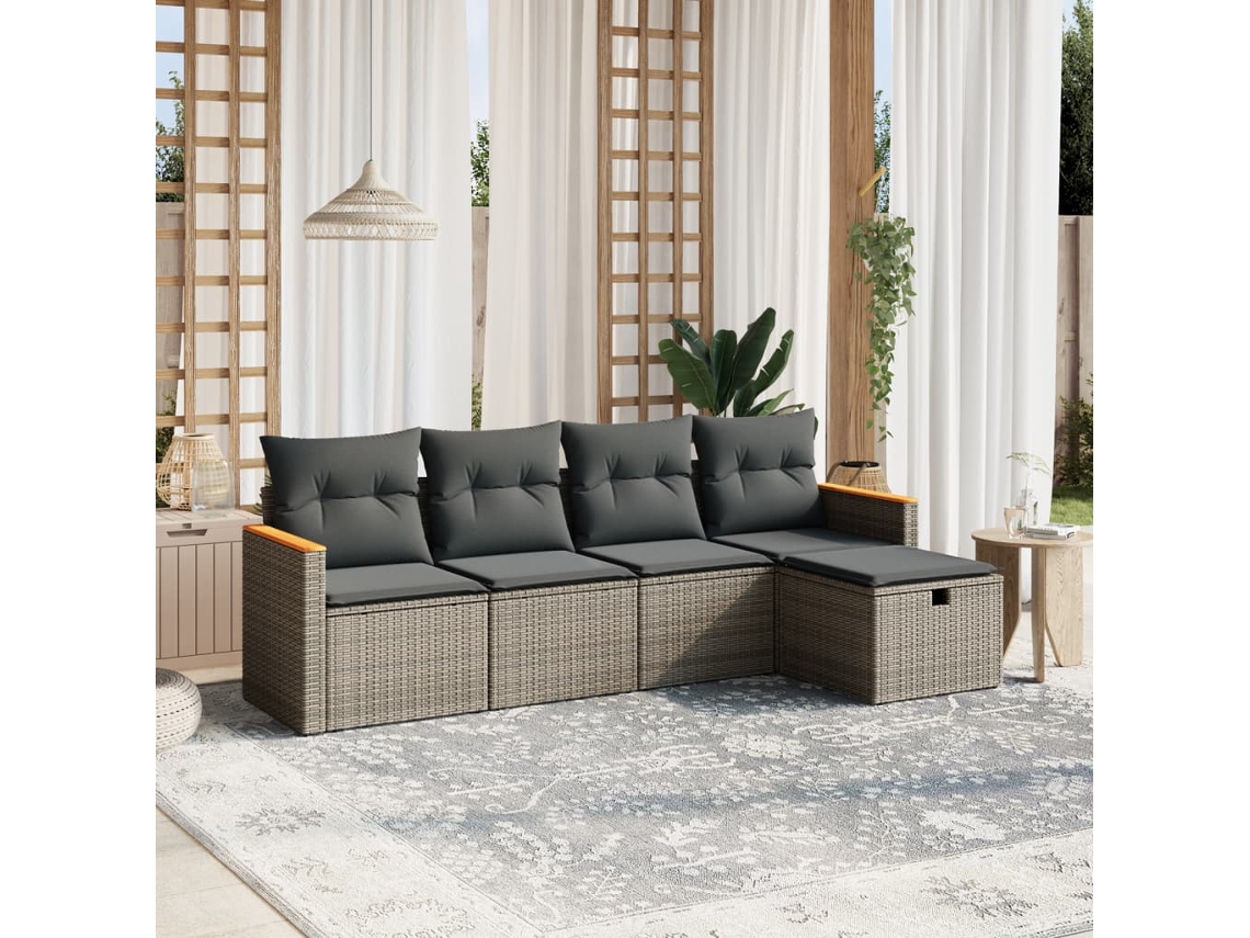 Vidaxl 5 Pcs Conjunto Sofás De Jardim C/ Almofadões Vime Pe Cinzento
