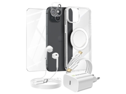 Mayaxess Coffret Iphone 15 Capa Películas Carregador 20w Cabo Usb-c Protetor De Câmera Fones De Ouvido Transparente