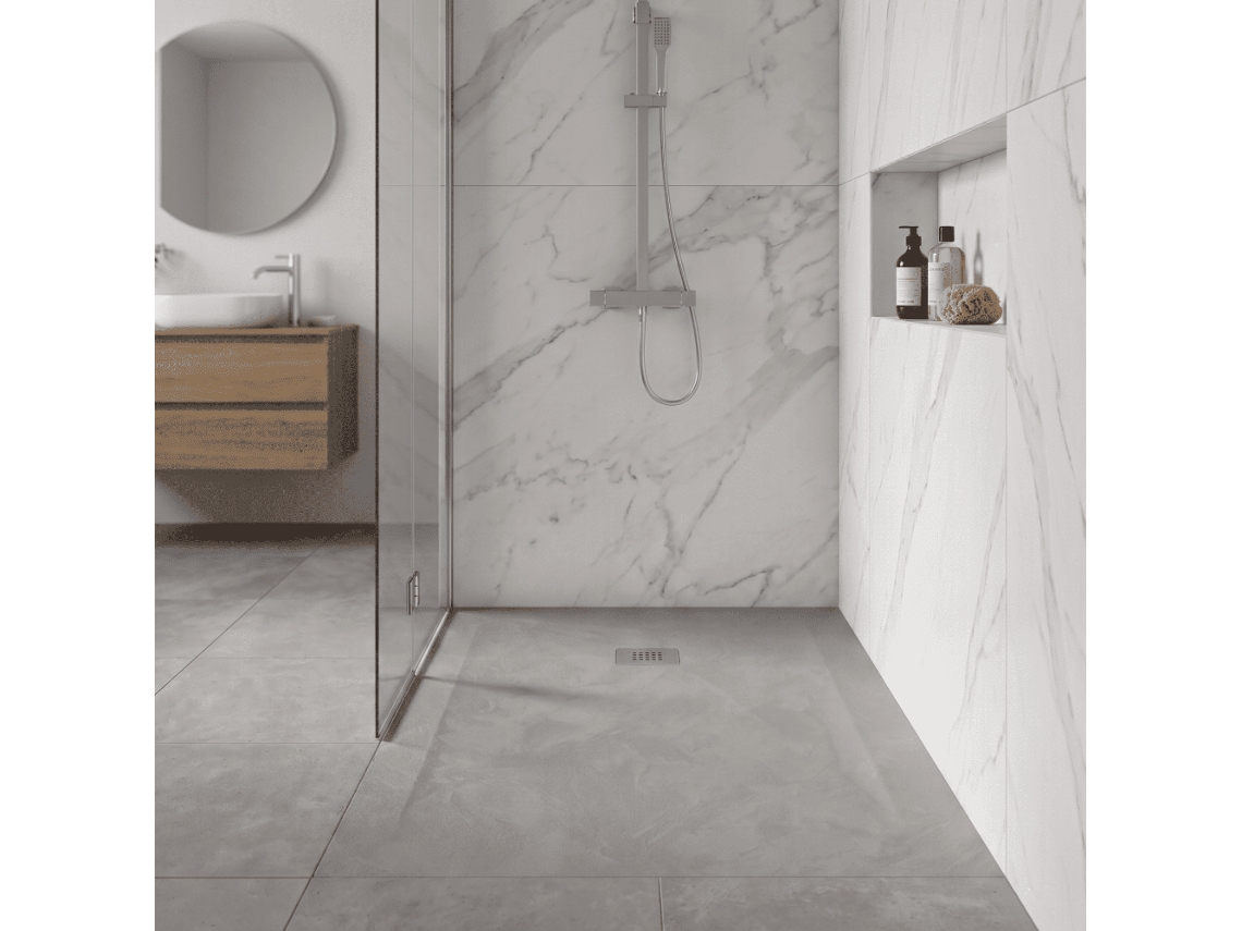 Base de Duche Espatulada Silex Cinza MIRLO 80x80 cm com grade em aço inoxidável