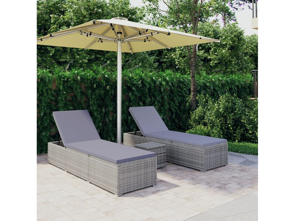 Vidaxl 3 Pcs Espreguiçadeiras Jardim C/ Mesa Centro Vime Pe Cinzento
