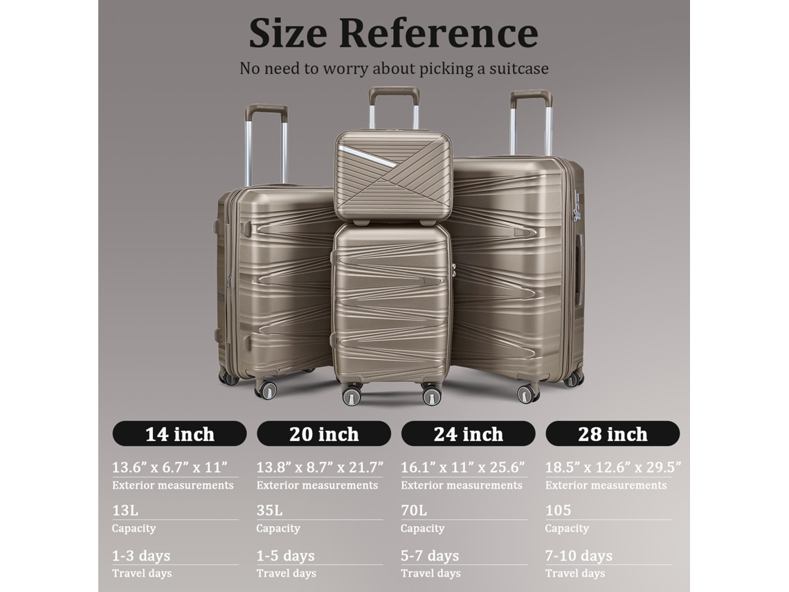 Conjunto De 4 Malas Rígidas Em Pp, Incluindo Malas De Viagem (20/24/28 Polegadas), Com Nécessaire De 14 Polegadas