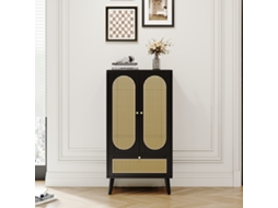 Aparador Preto E Madeira 90x30x71,5cm Com Gaveta E Prateleiras Reguláveis, Móvel De Arrumação Moderno E Prático Para Casa