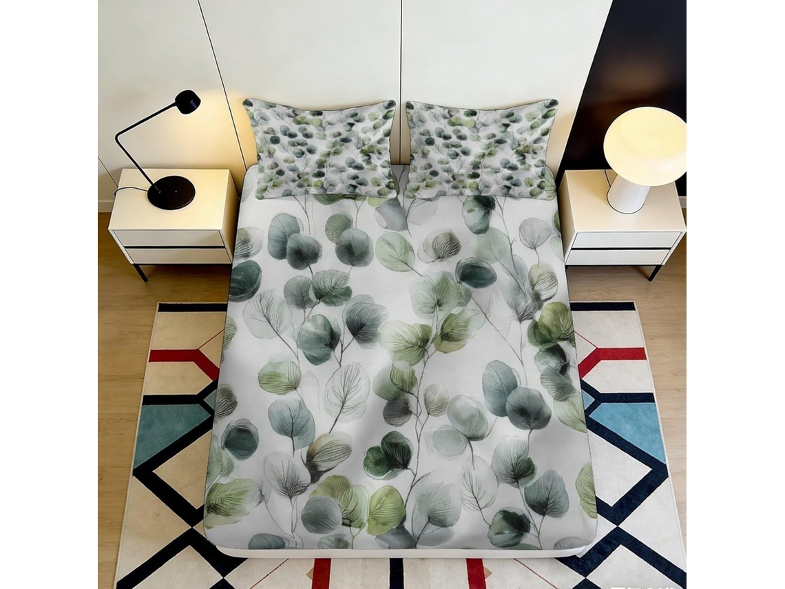 Conjunto de Cama com Estampa 3d Folhas Verdes em Microfibra Fronha 200x200cm