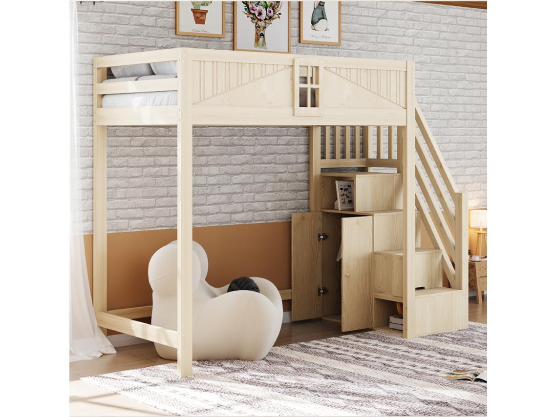 Cama Madeira Maciça 90x200cm, Porta Segurança Janela, Escada Lateral Armazenamento, Intercambiável, Multifuncional, Cor Madeira-op