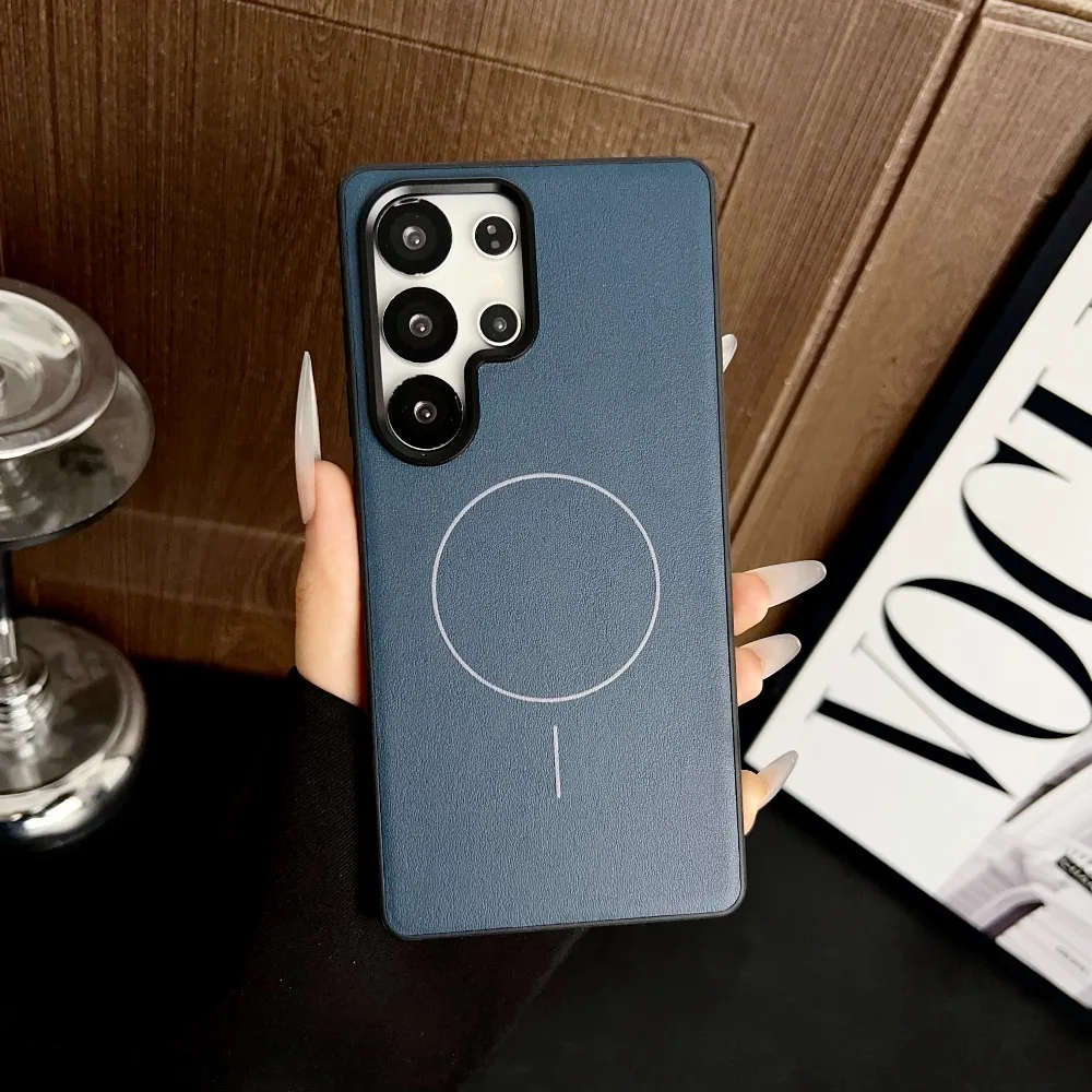 (azul, Galaxy S24 Ultra) Capa Magnética De Couro Estilo Executivo Com Anel De Metal Para A Lente – Capa Protetora Resistente A Quedas