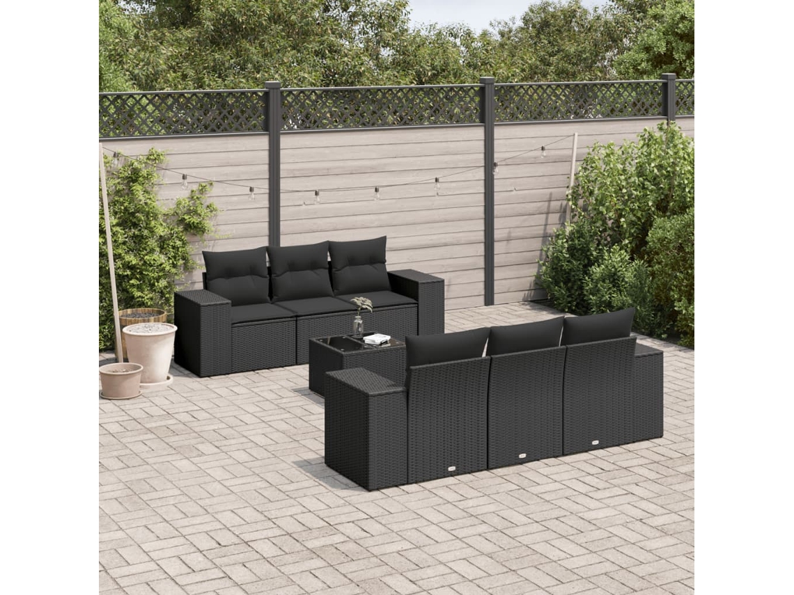 Vidaxl 7 Pcs Conjunto de Sofás P/ Jardim C/ Almofadões Vime Pe Preto