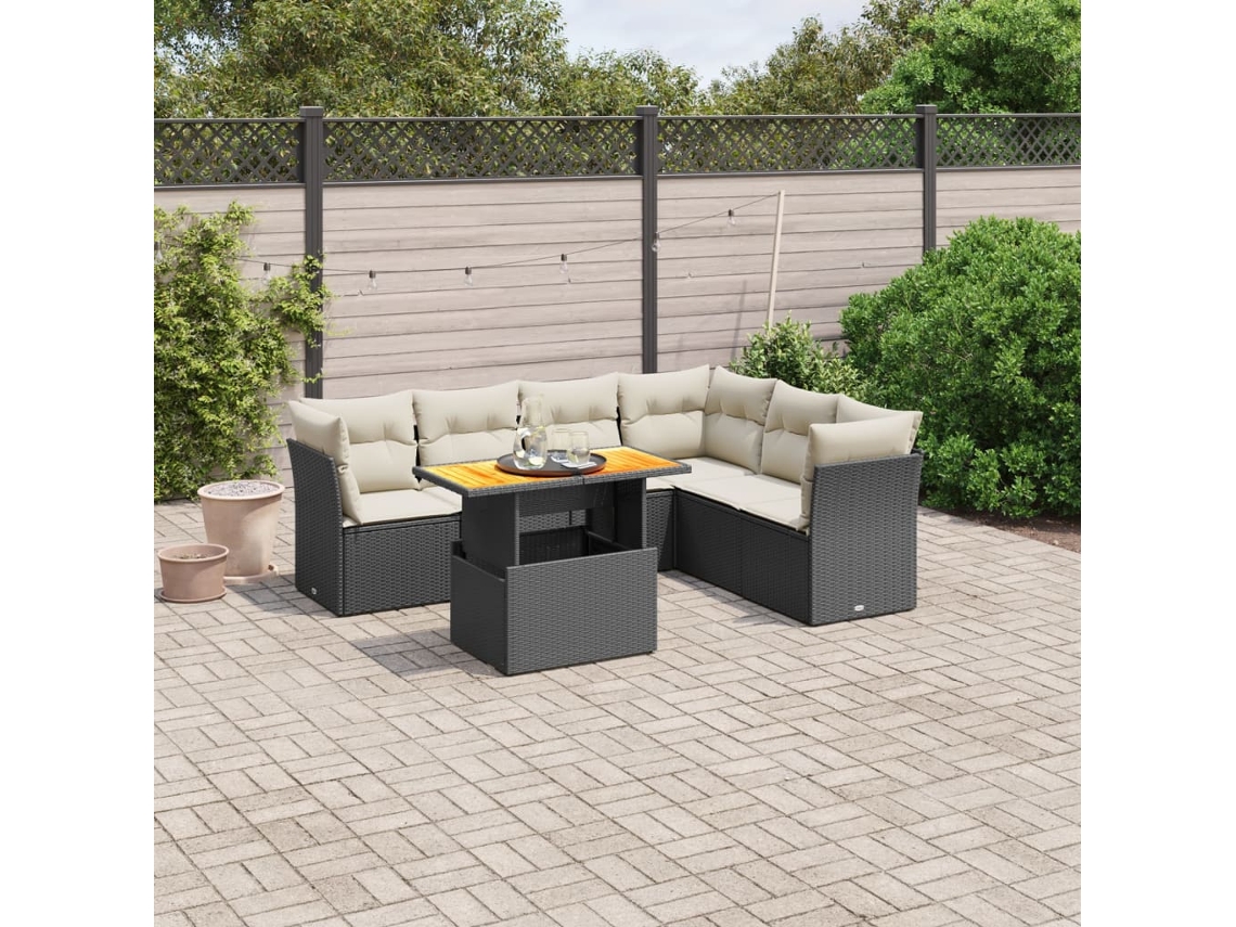 Jogo de Sofá 7 Peças P/ Jardim C/ Almofadões Vime Pe Preto Dkd Home Decor