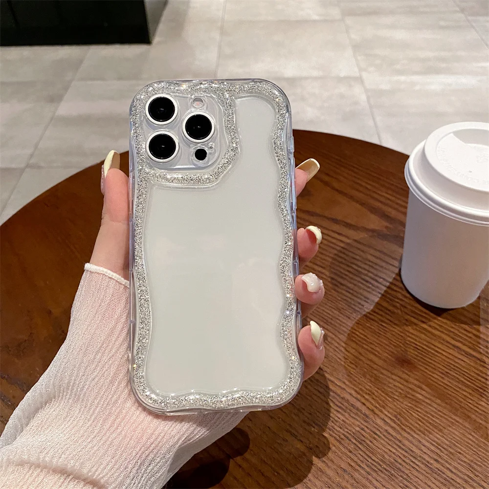 (iphone 14 Plus, Prateado) Capa De Celular De Silicone Macia Com Borda Ondulada Brilhante E Charmosa Para Iphone
