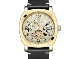 Reloj Deportivo Hombre Bagari De Cuero Pu Caja Oro Correa Negra Cuadro Redondo Cuarzo