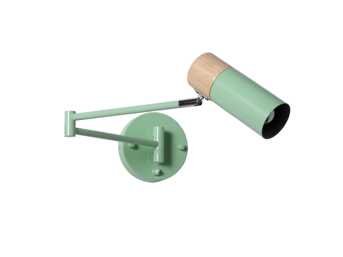Aplique De Parede Extensível Com Interruptor, Cabeça Orientável, Metal Verde E Madeira Natural, Casquilho E27