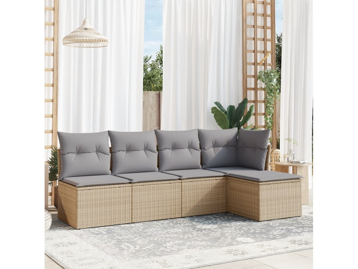 Vidaxl 5 Pcs Conjunto De Sofás P/ Jardim Com Almofadões Vime Pe Bege
