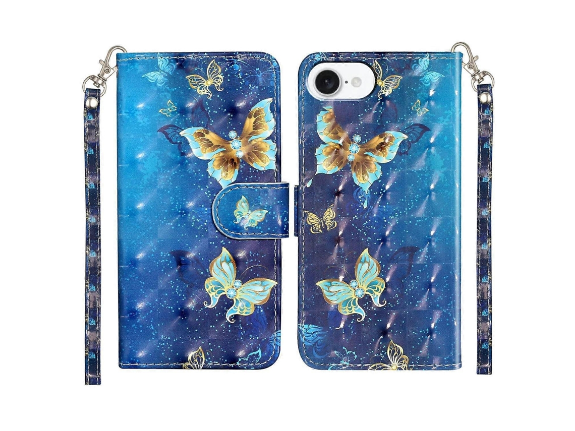 Capa De Couro Para Iphone 16e Com Estampa 3d E Borboletas Azuis E Douradas