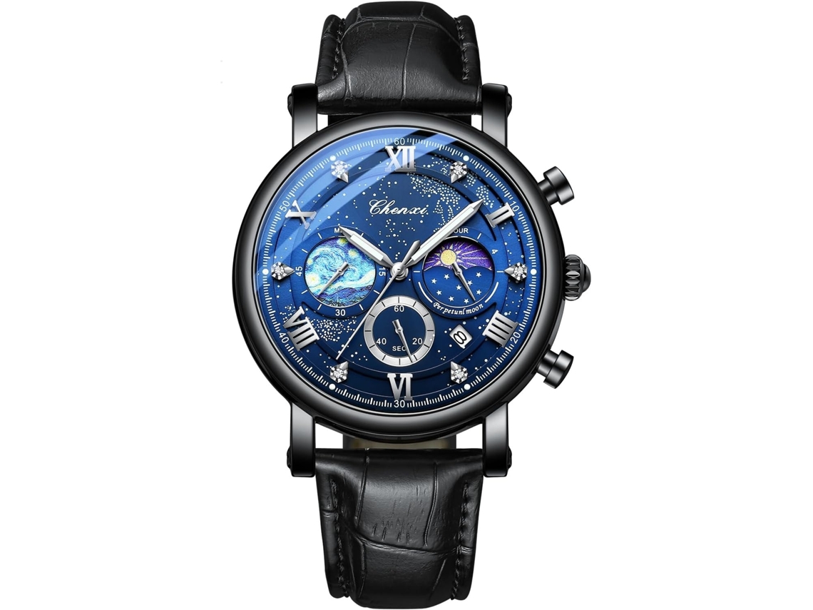 Lurelia Relógio Cronógrafo Masculino, Analógico, Luminoso, Detalhes Com Strass, Fase Da Lua, Aço Inoxidável, Couro, Resistente À Água 30m, Dourado