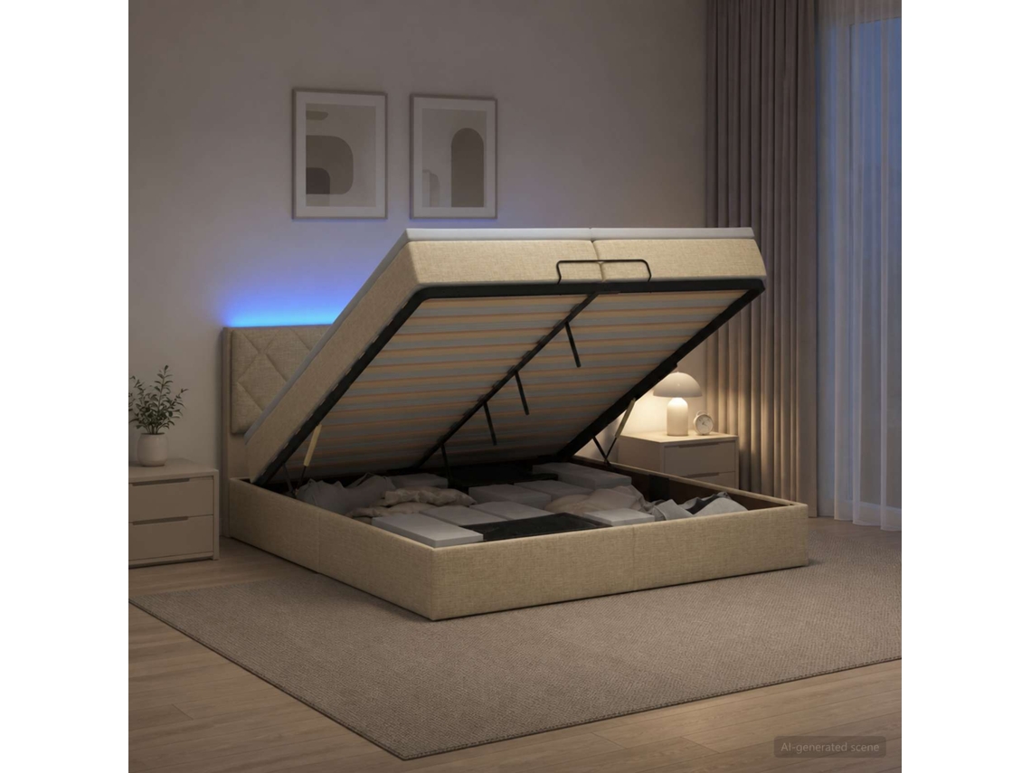 Vidaxl Cama Ottoman Com Colchão E Led Creme 200 X 200 Cm Tecido